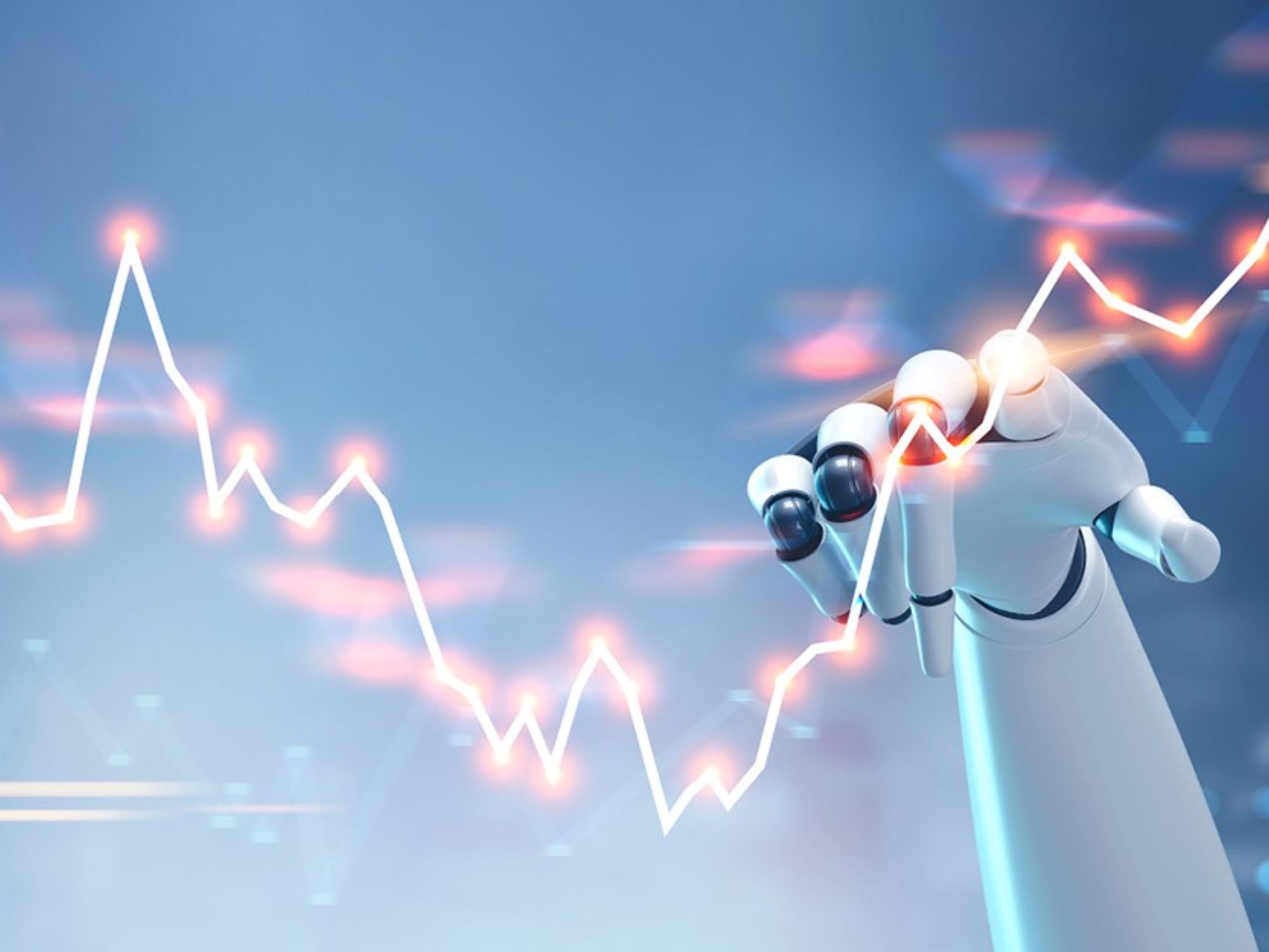 Robotic hand tracing a rising financial data Robotic hand tracing a rising financial data
